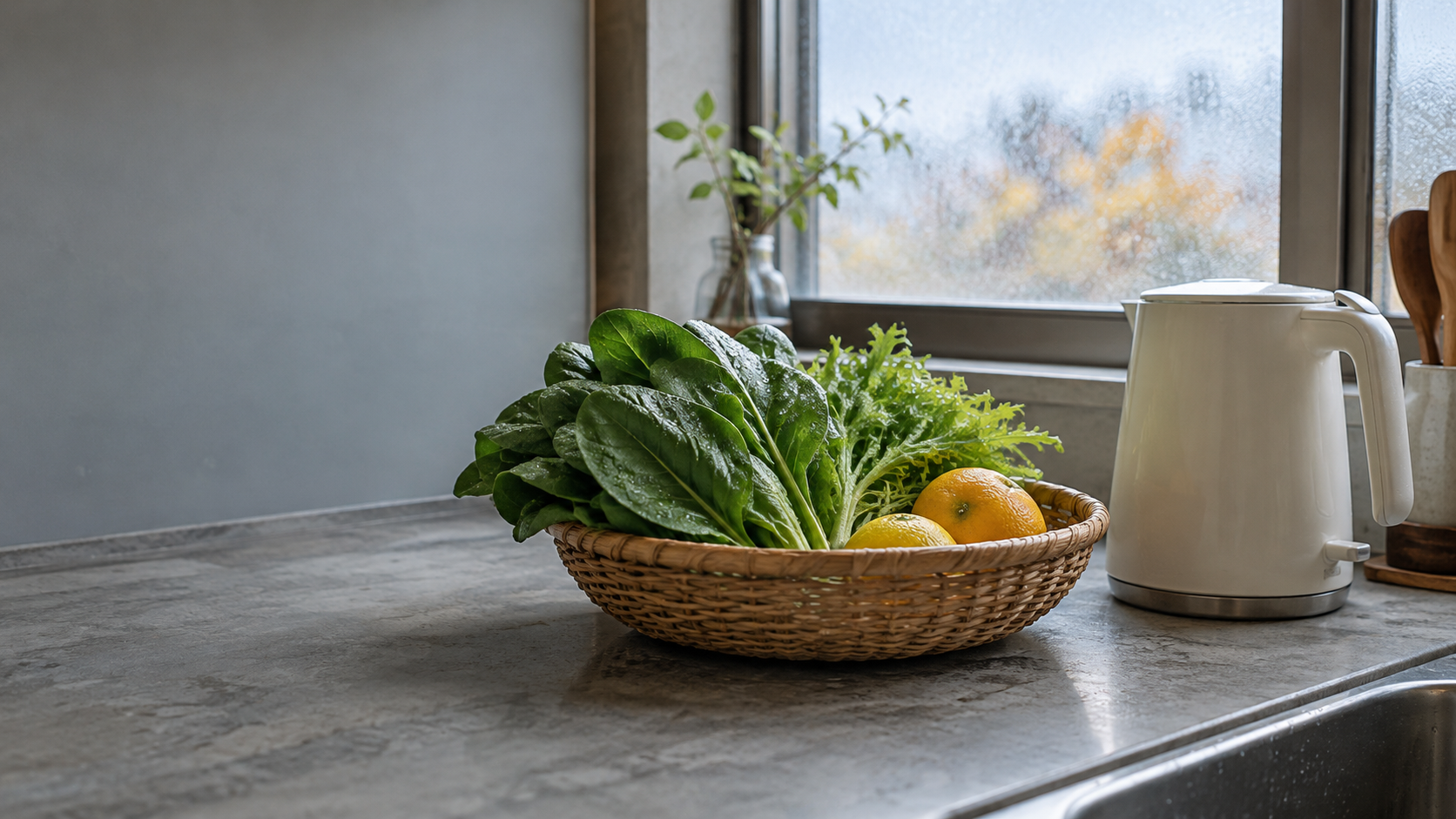 Fresh leafy vegetables and citrus in a woven basket beside an unbranded electric kettle on a quiet kitchen counter.