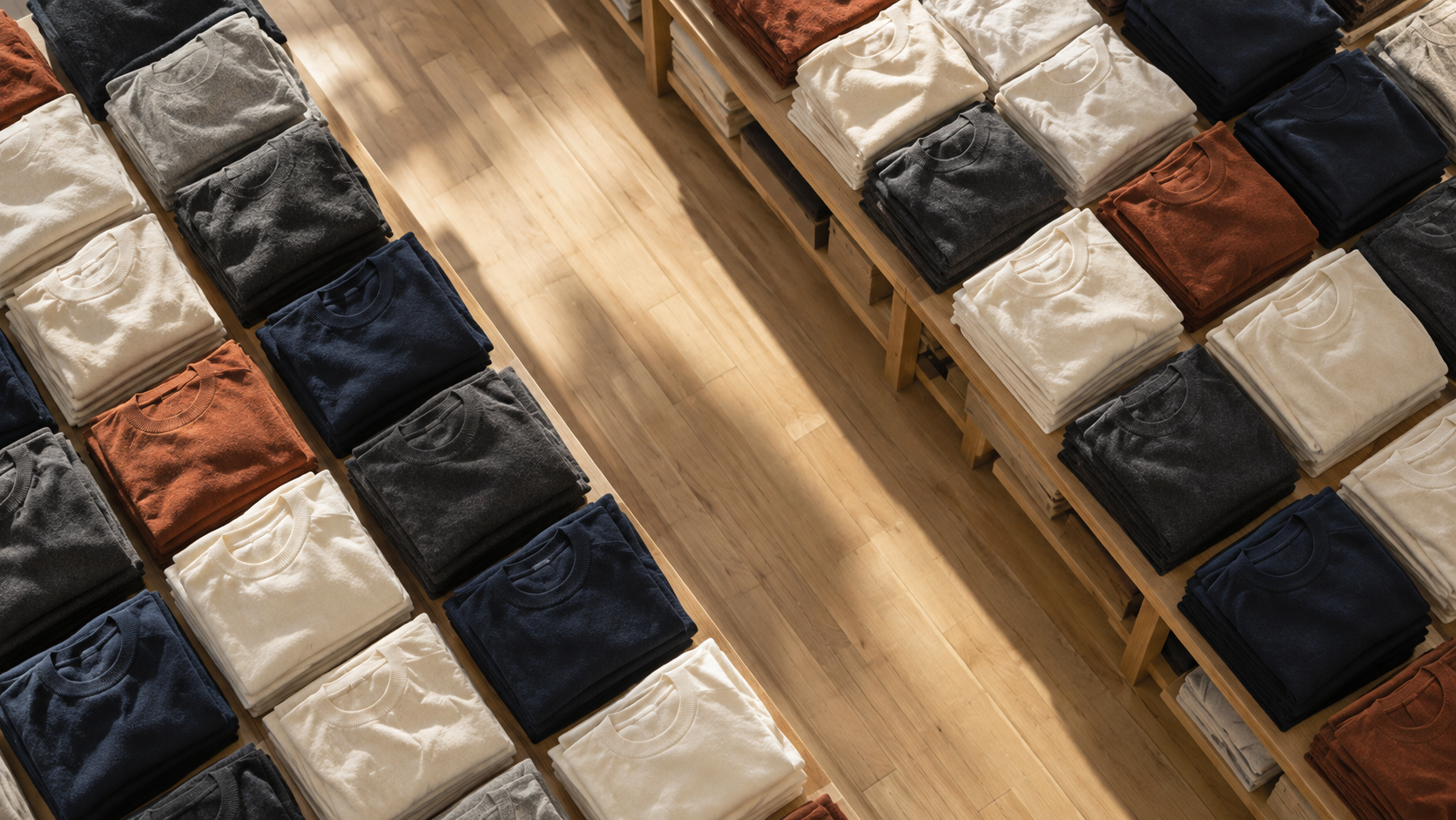 Overhead view of neatly folded unbranded knitwear on wooden shelves beside a sunlit aisle.