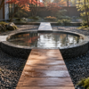 Four stone and wood paths meeting at a circular water basin in a Japanese courtyard