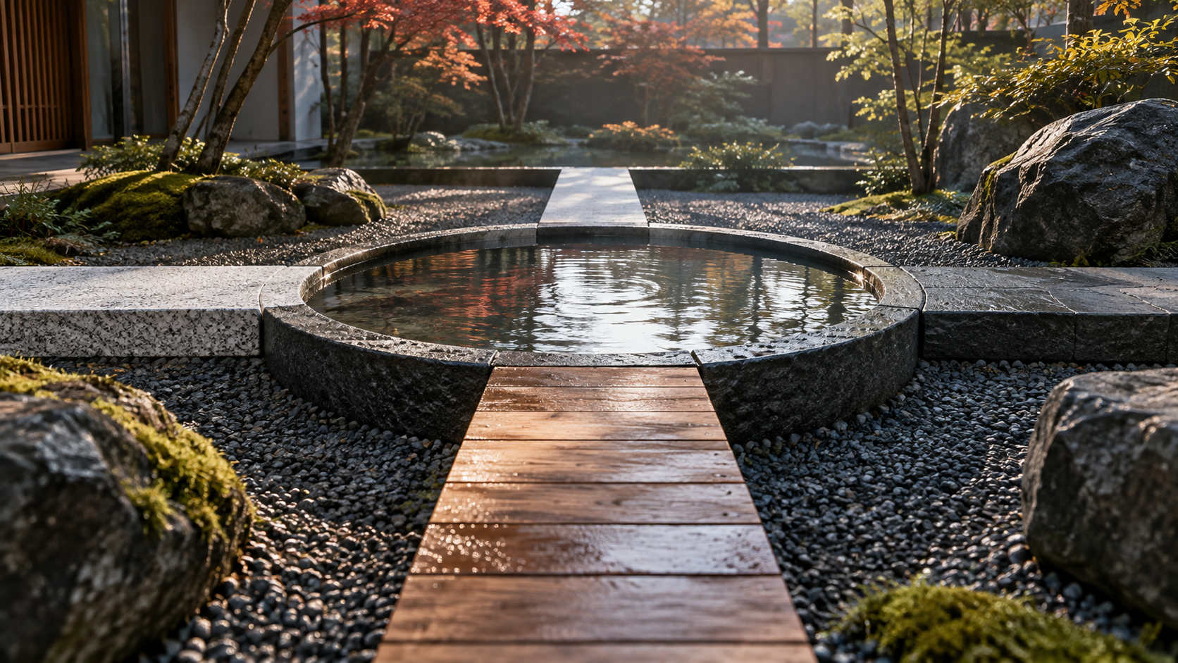Four stone and wood paths meeting at a circular water basin in a Japanese courtyard