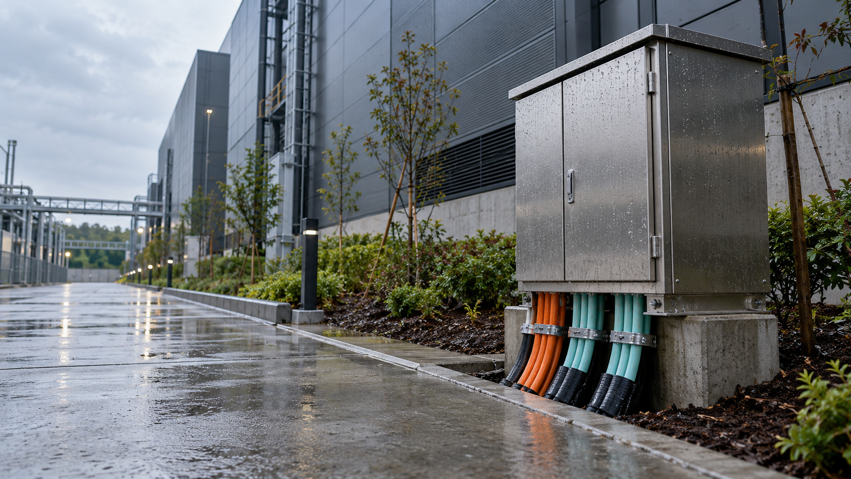 A rain-speckled unbranded fiber-optic junction cabinet beside a modern data-center building.