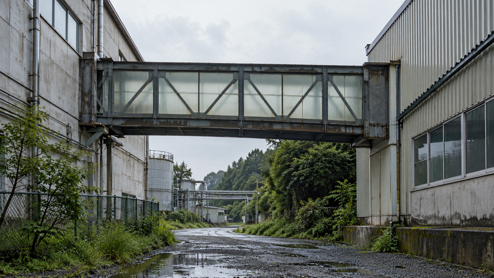 A weathered enclosed steel-and-glass bridge connects two separately designed industrial buildings after rain.