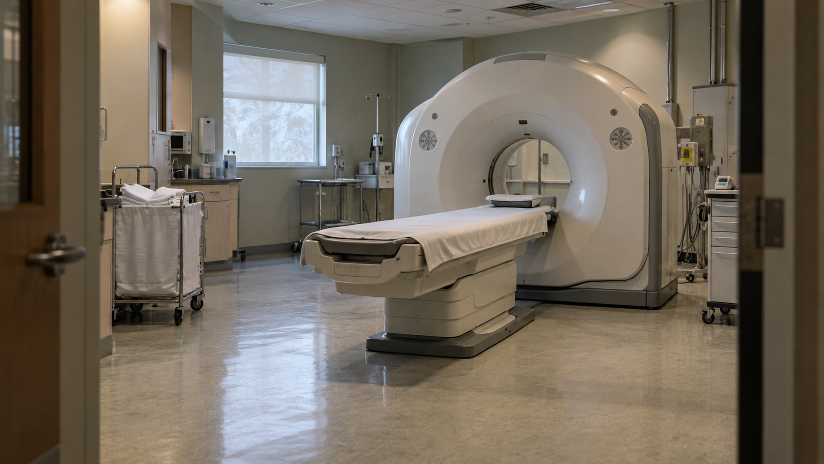 An unbranded CT scanner in a quiet hospital imaging room, seen through an open doorway.