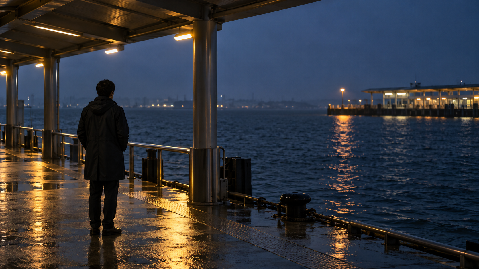 A commuter standing under a rain-wet covered pier at blue hour, facing dark harbor water and a distant terminal light.