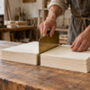 A craft bookbinder separates a stack of unprinted ivory paper into two equal bundles with a brass divider.