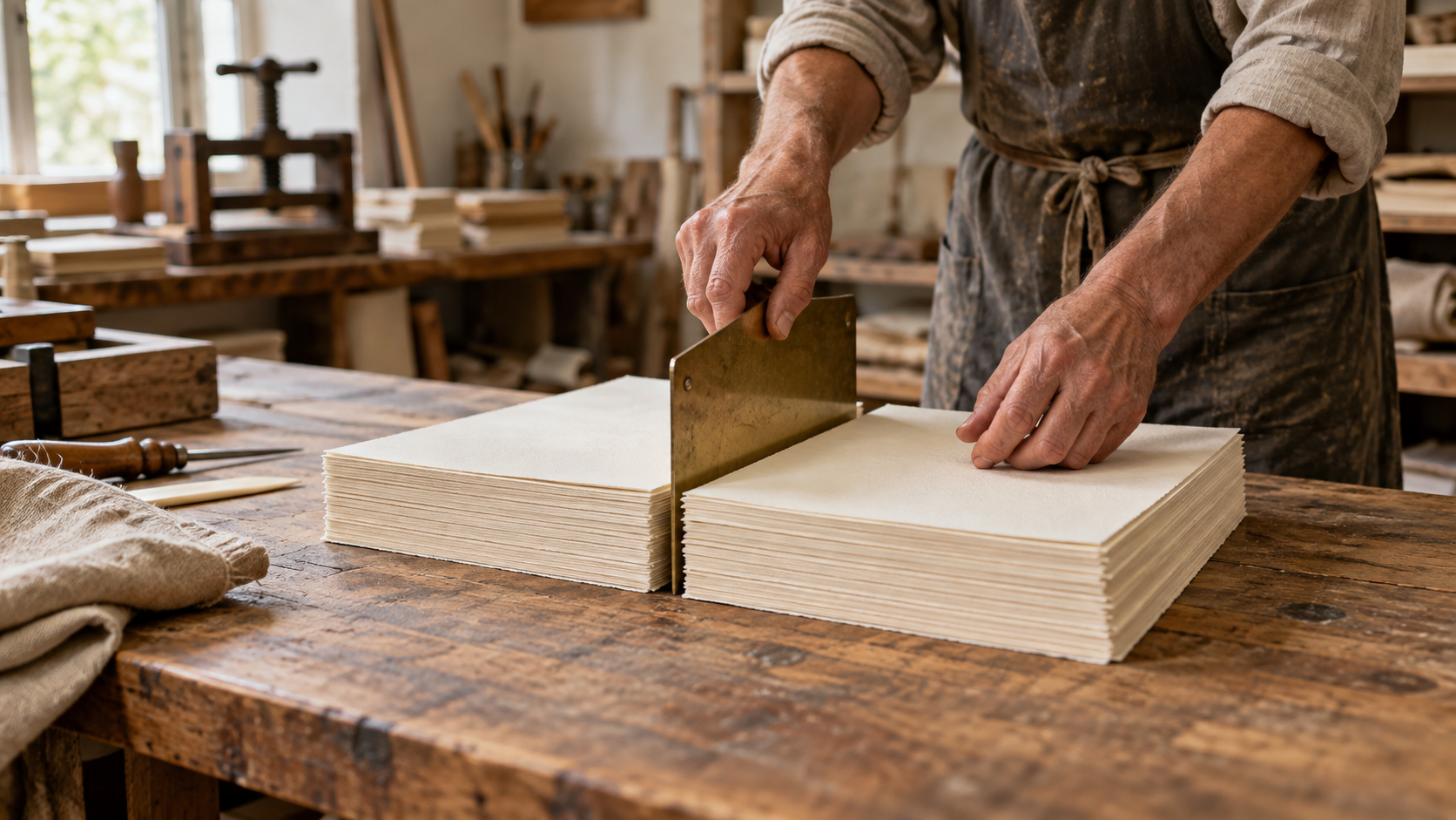 A craft bookbinder separates a stack of unprinted ivory paper into two equal bundles with a brass divider.