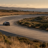 An unbranded dark compact car follows a broad curve on a quiet coastal proving ground.
