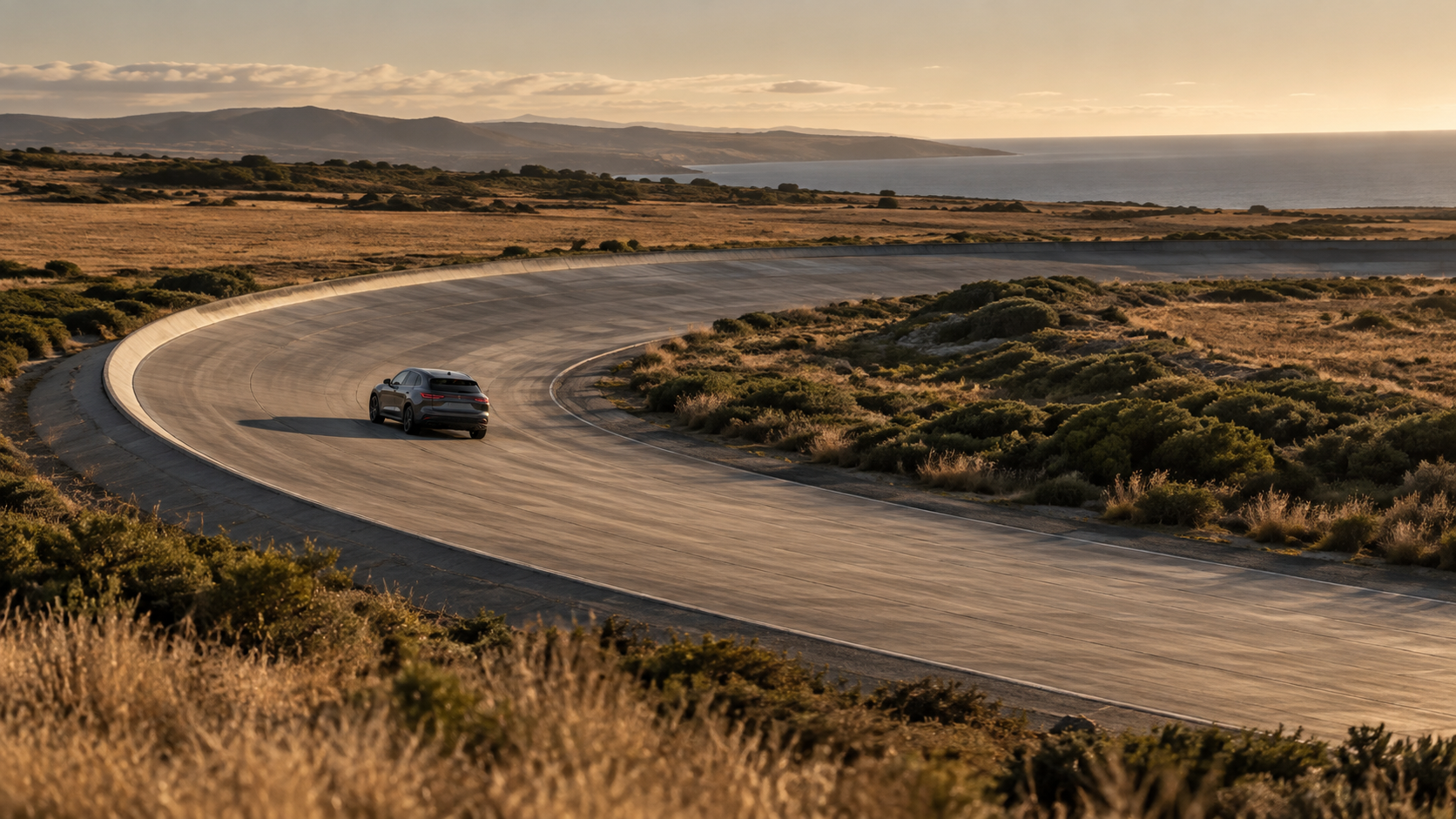 An unbranded dark compact car follows a broad curve on a quiet coastal proving ground.