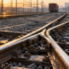 A close view of an unbranded rail-yard switch and converging tracks at dawn.