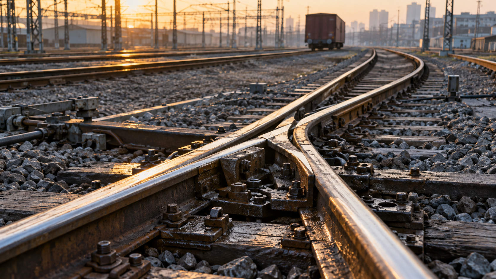 A close view of an unbranded rail-yard switch and converging tracks at dawn.