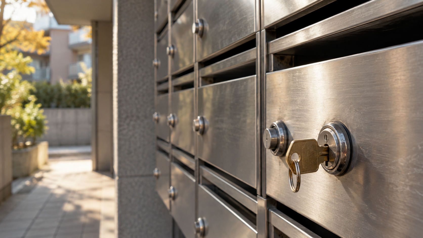 A brass key rests in an unbranded brushed-metal apartment mailbox lock in warm daylight.