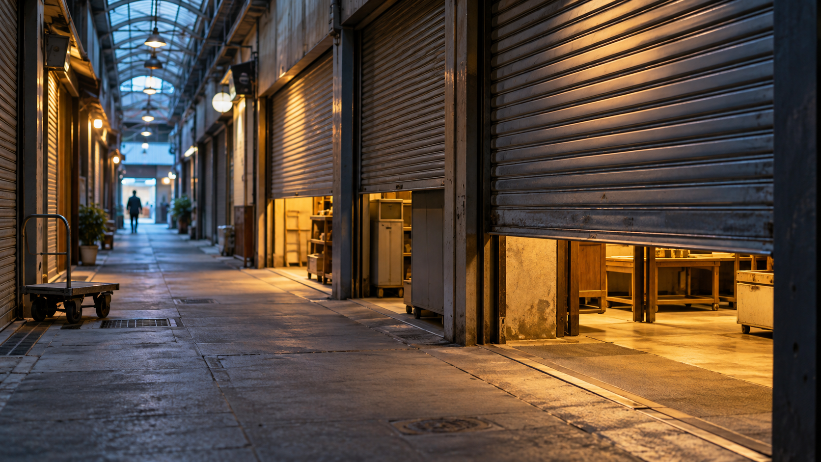 A quiet unbranded covered retail arcade with shop shutters opening before dawn.
