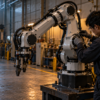 Technician calibrating an unbranded industrial robotic arm in a maintenance bay