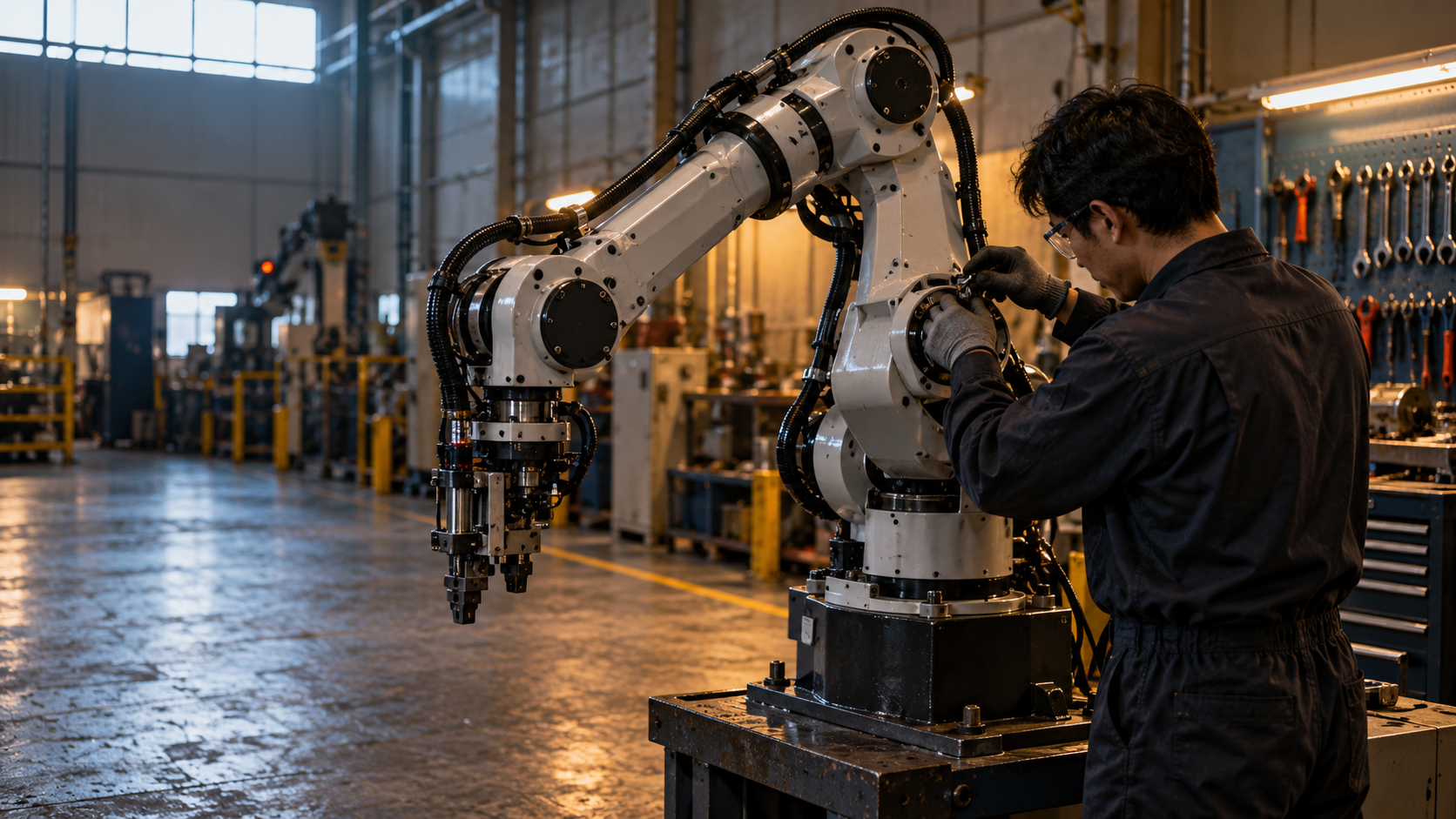 Technician calibrating an unbranded industrial robotic arm in a maintenance bay