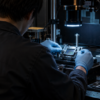 Gloved technician calibrating an unbranded camera sensor module under cool optical light