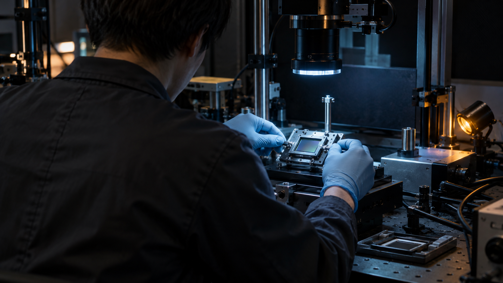Gloved technician calibrating an unbranded camera sensor module under cool optical light
