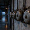 Four weathered industrial shift bells in a quiet factory corridor at blue dawn