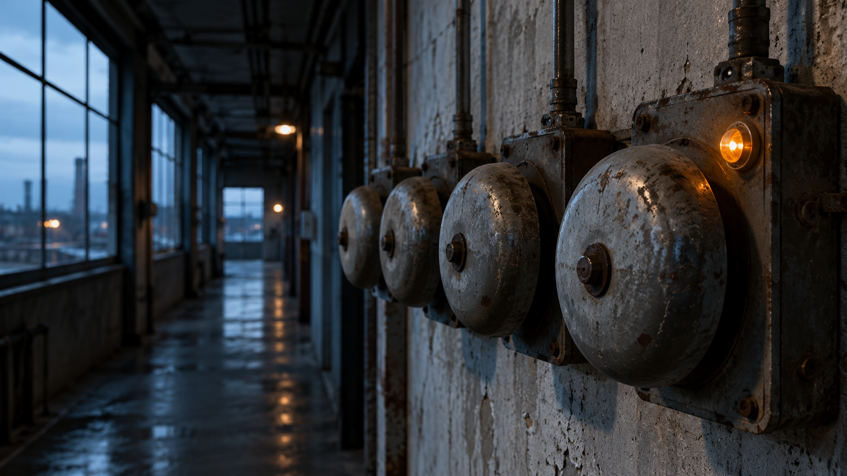 Four weathered industrial shift bells in a quiet factory corridor at blue dawn