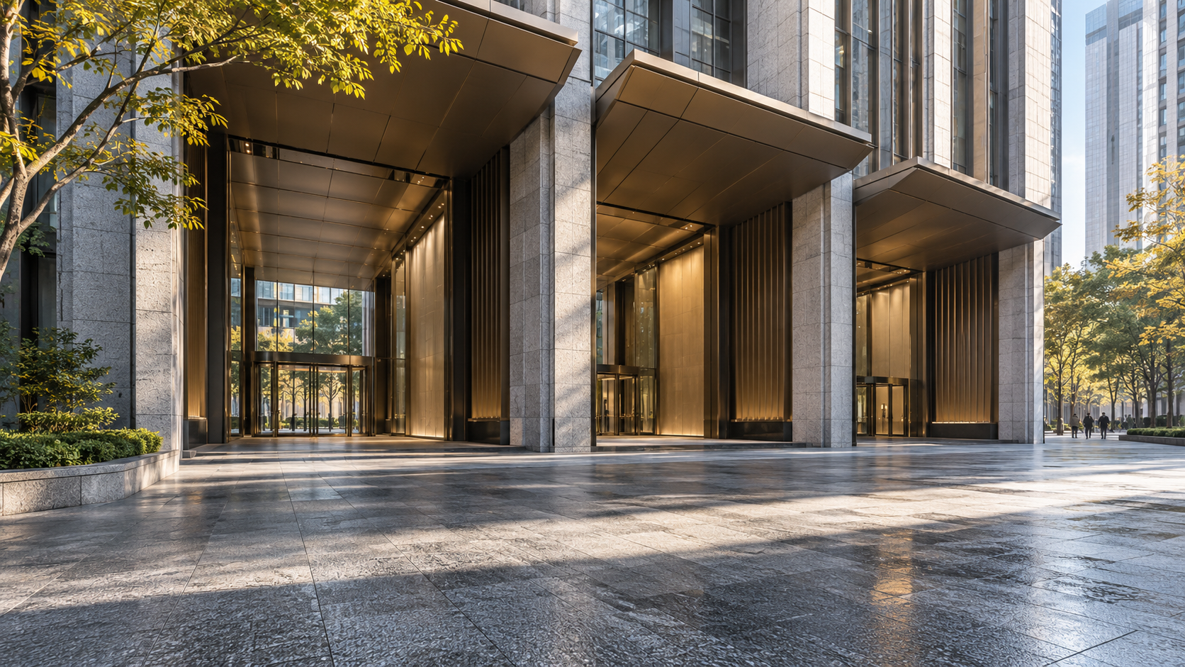 Three unbranded entrance bays beneath a contemporary financial-district arcade in daylight
