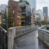 Rain-wet pedestrian bridge leading through an unbranded Tokyo commercial district