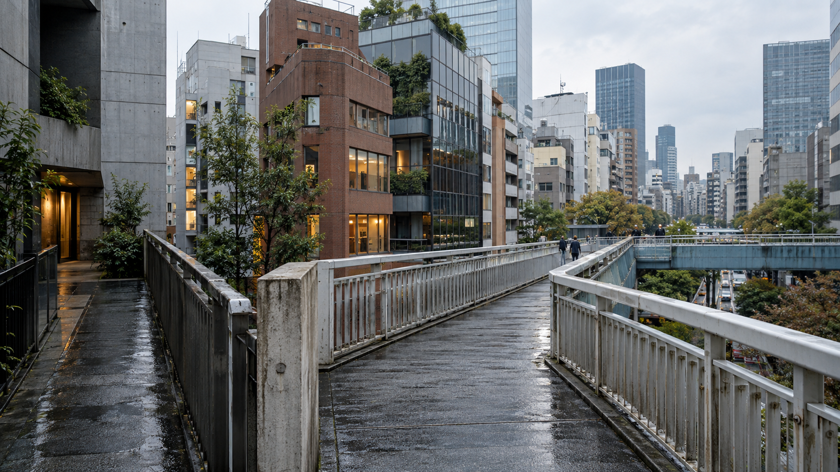 Rain-wet pedestrian bridge leading through an unbranded Tokyo commercial district