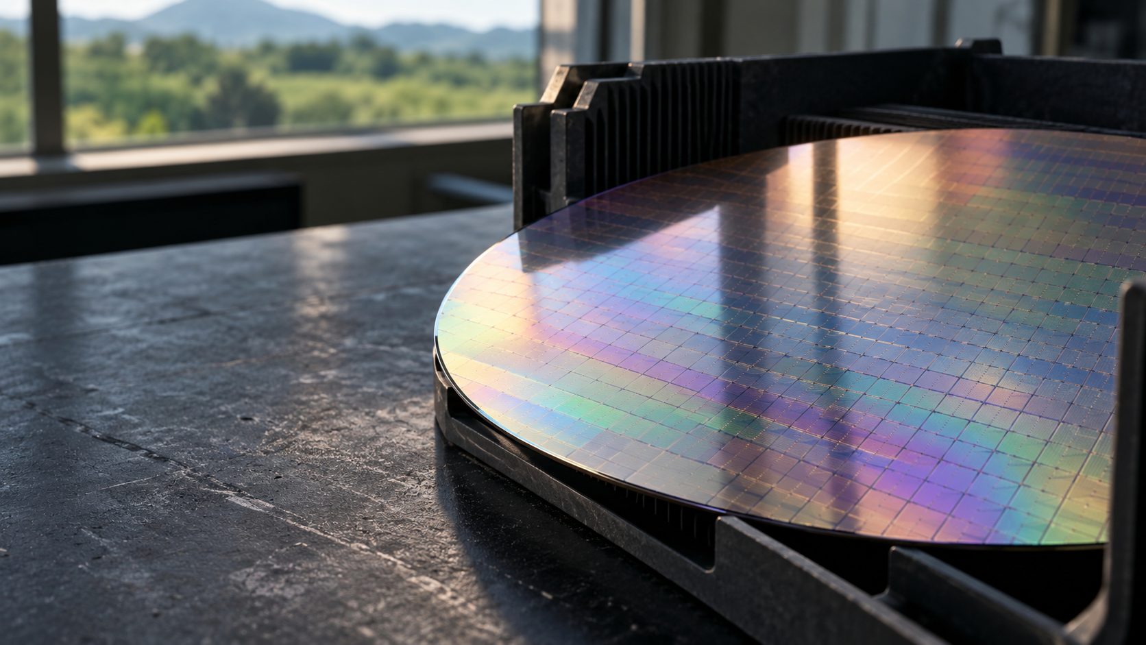 A polished silicon wafer in an unbranded graphite carrier on a dark industrial inspection surface.