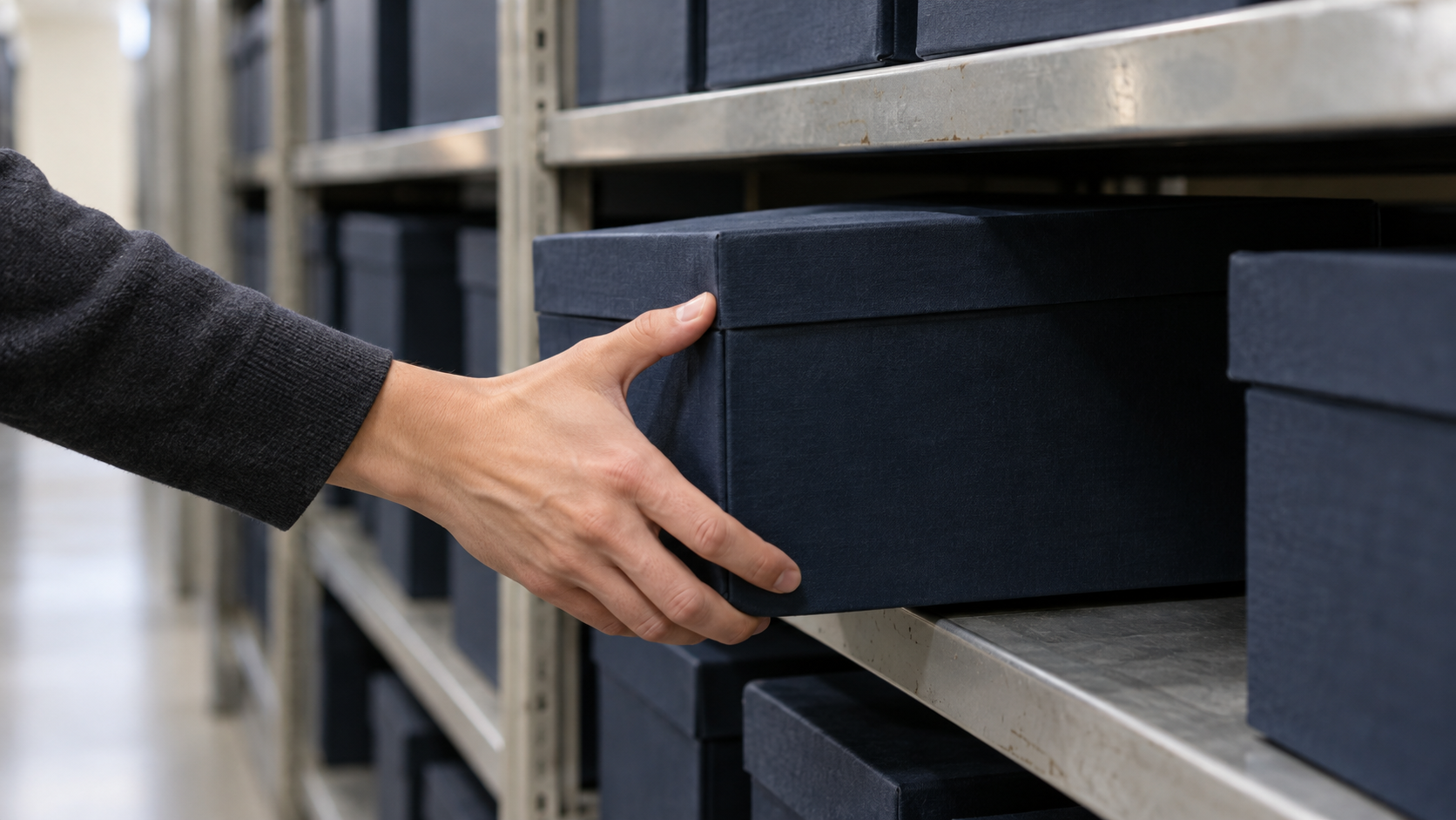 A hand places an unlabelled dark-blue archival case on a brushed-metal shelf.