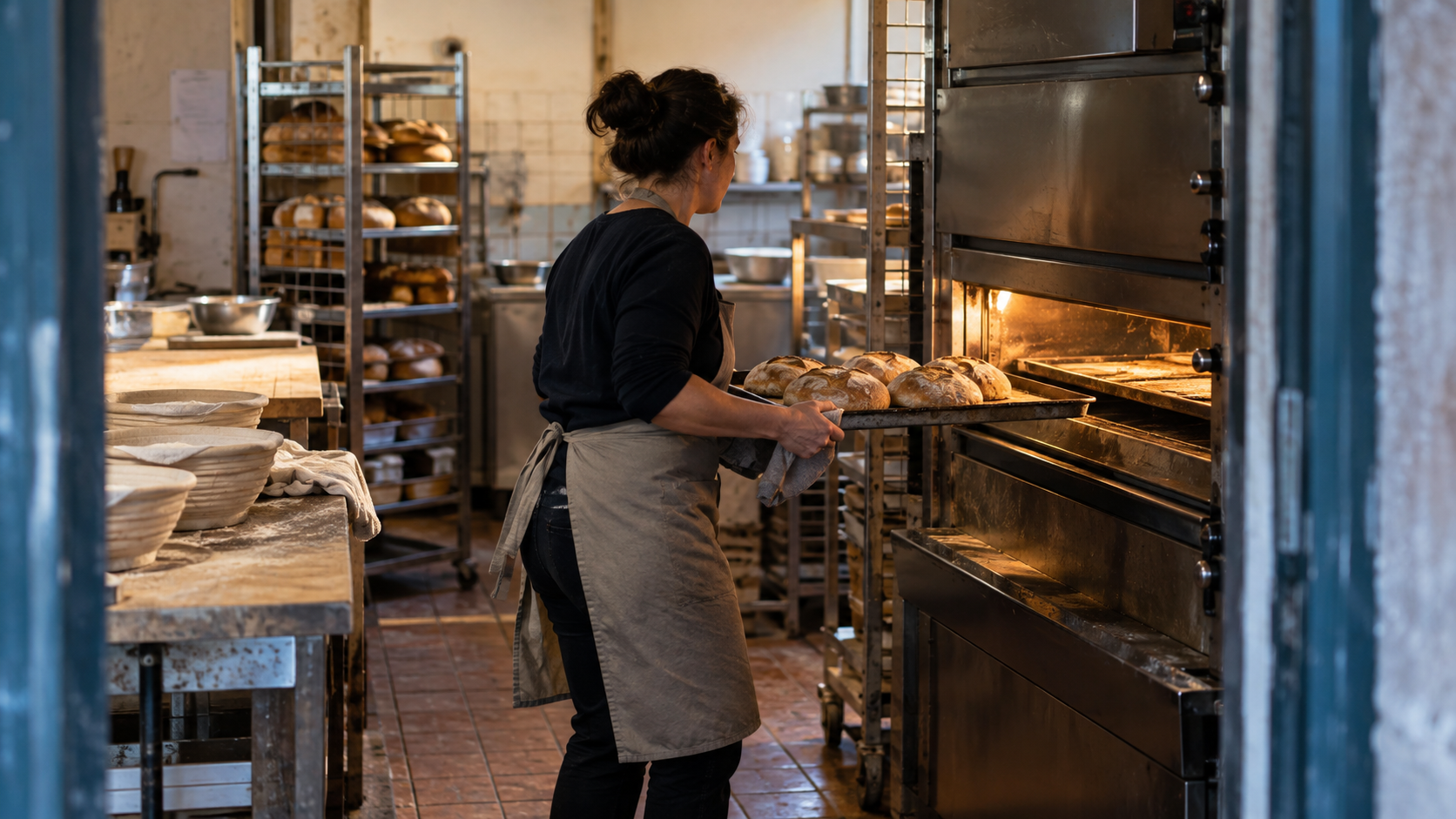 A baker prepares trays in an unbranded neighborhood bakery before opening.