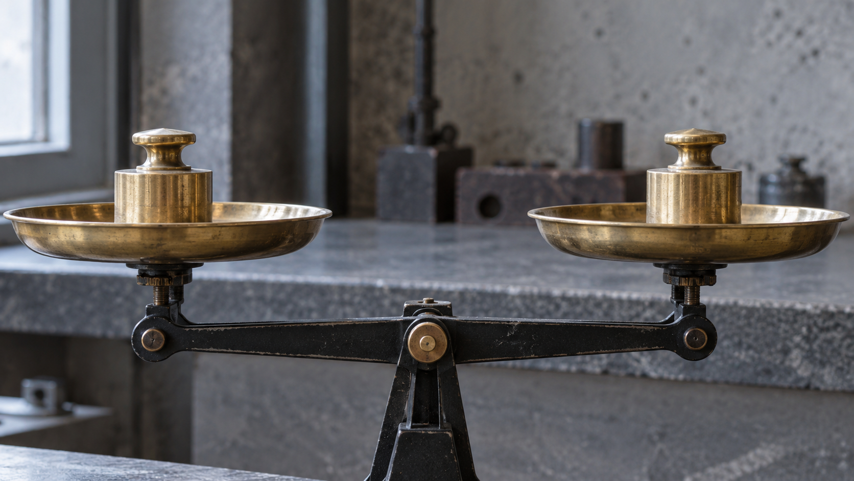 Two plain unmarked brass calibration masses rest on the pans of a black workshop balance beam.