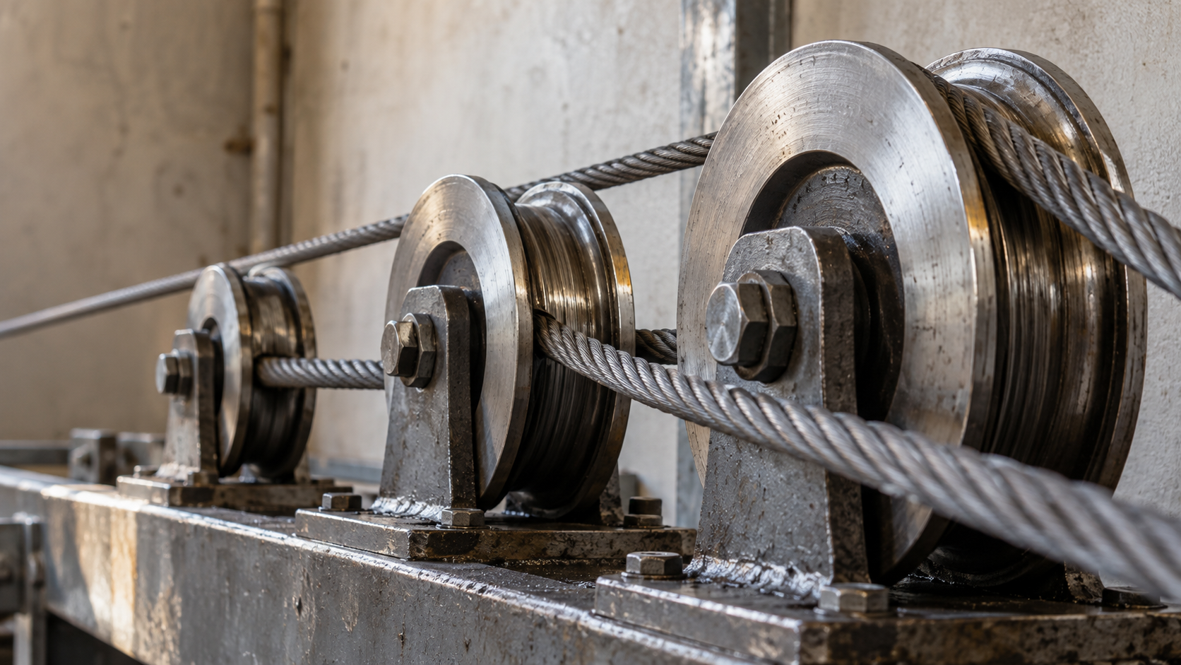 Braided steel cables pass through three unlabelled metal guide wheels in a workshop.