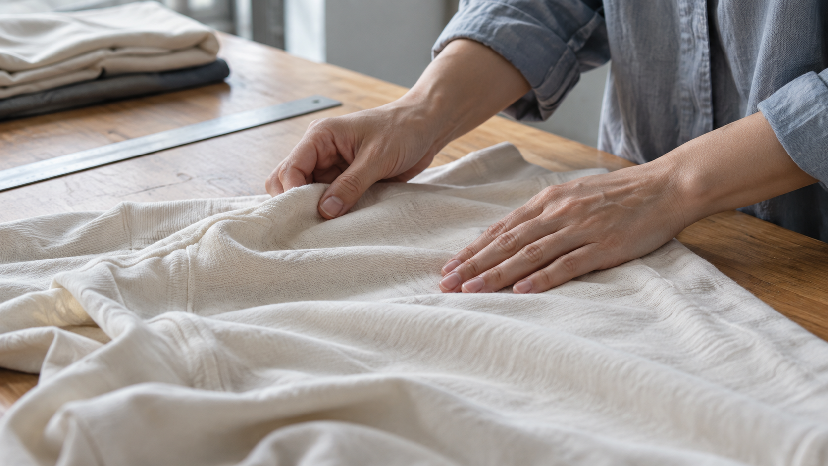 Hands smoothing a plain cotton garment on an unbranded wooden worktable.