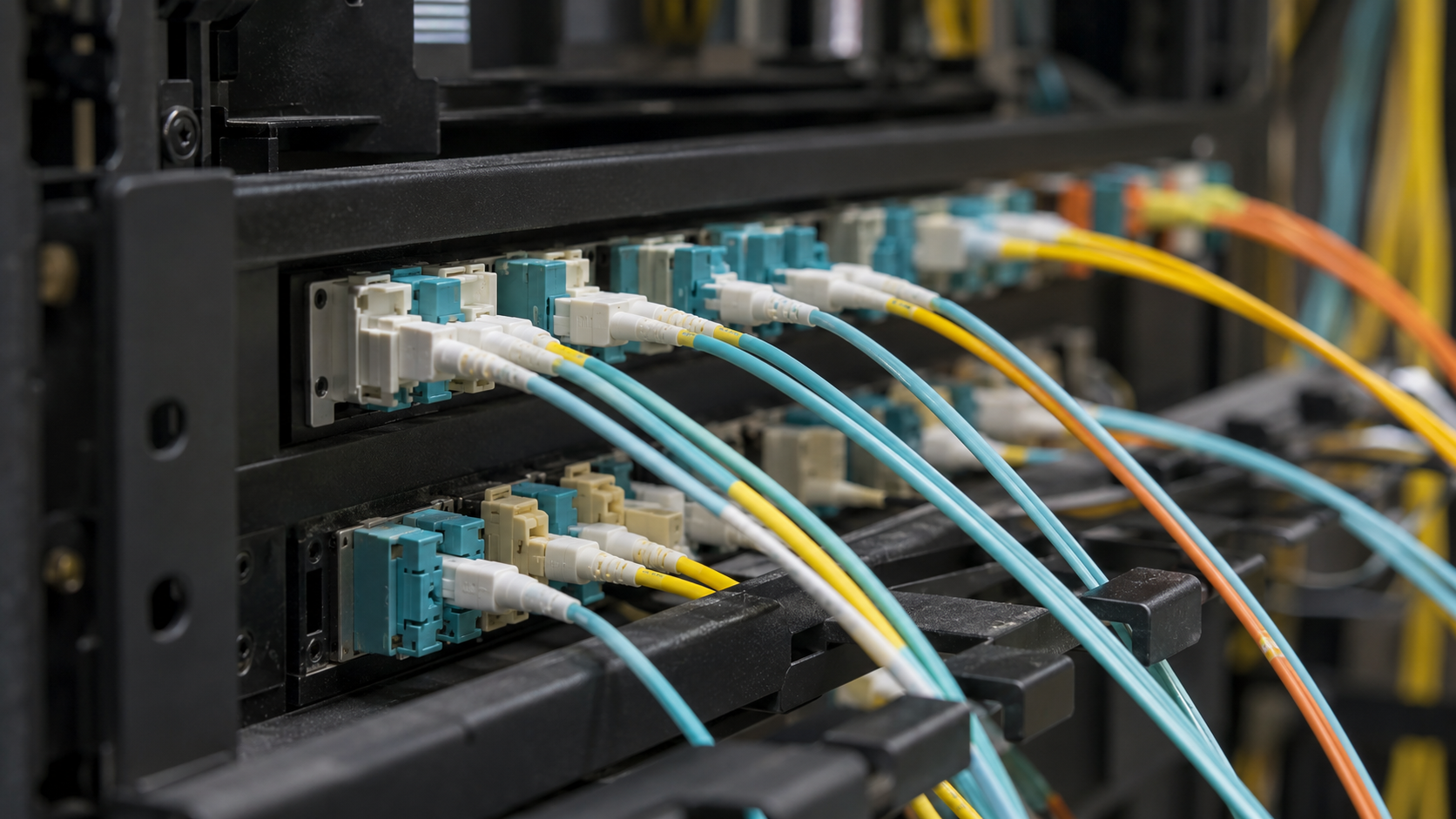 Unbranded optical-fiber connectors and colored jumpers on a patch panel.