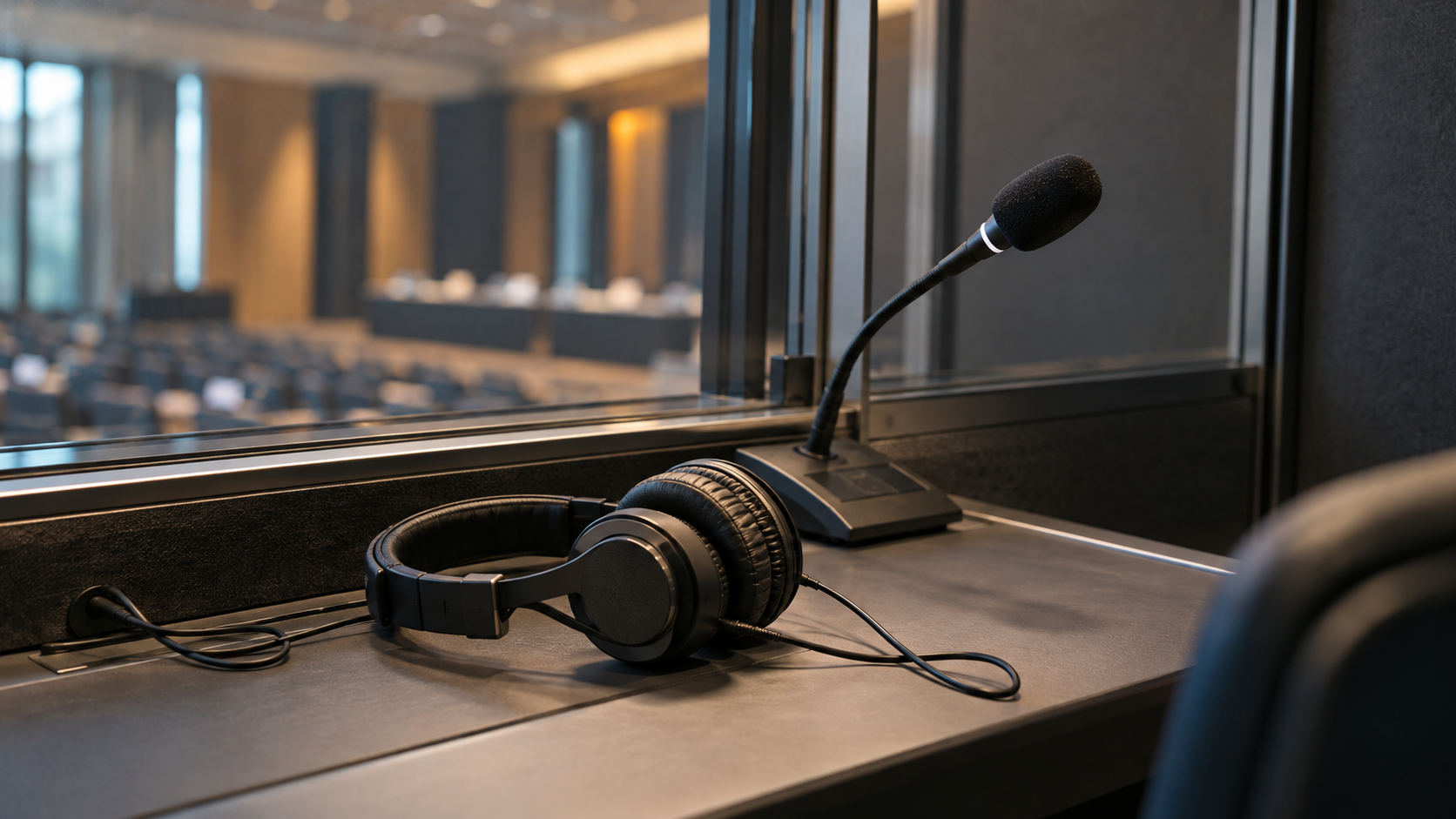 Unbranded headphones and a microphone rest in an empty sound-isolated interpretation booth.