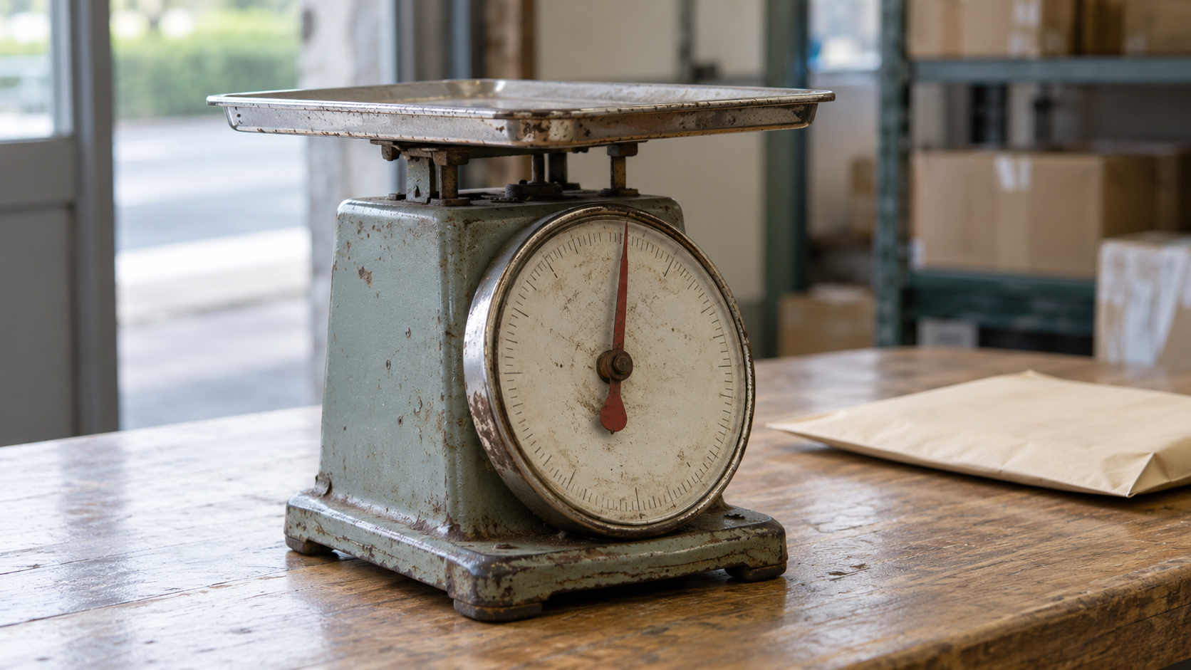 A worn unbranded mechanical parcel scale stands beside a plain envelope on a wooden counter.