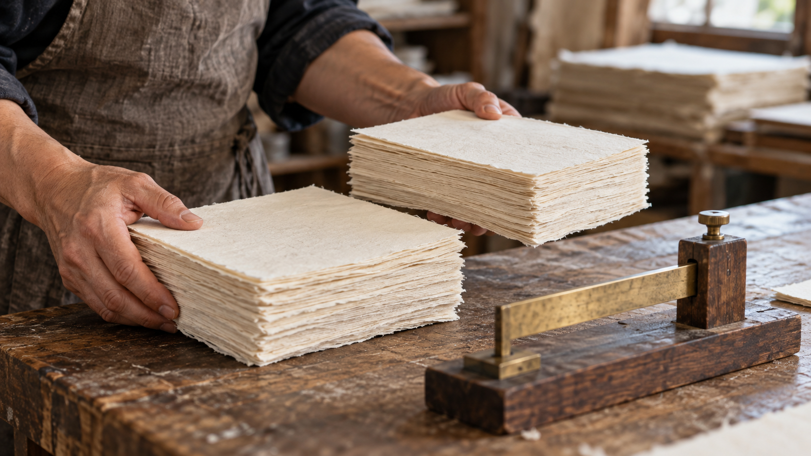 A printmaker holds two equal bundles of unprinted handmade paper beside a manual paper gauge.