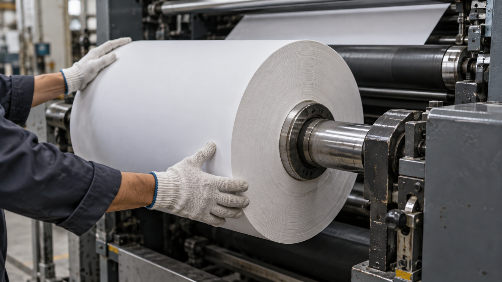 Gloved hands guide a wide roll of blank white paper onto an unbranded commercial printing press.