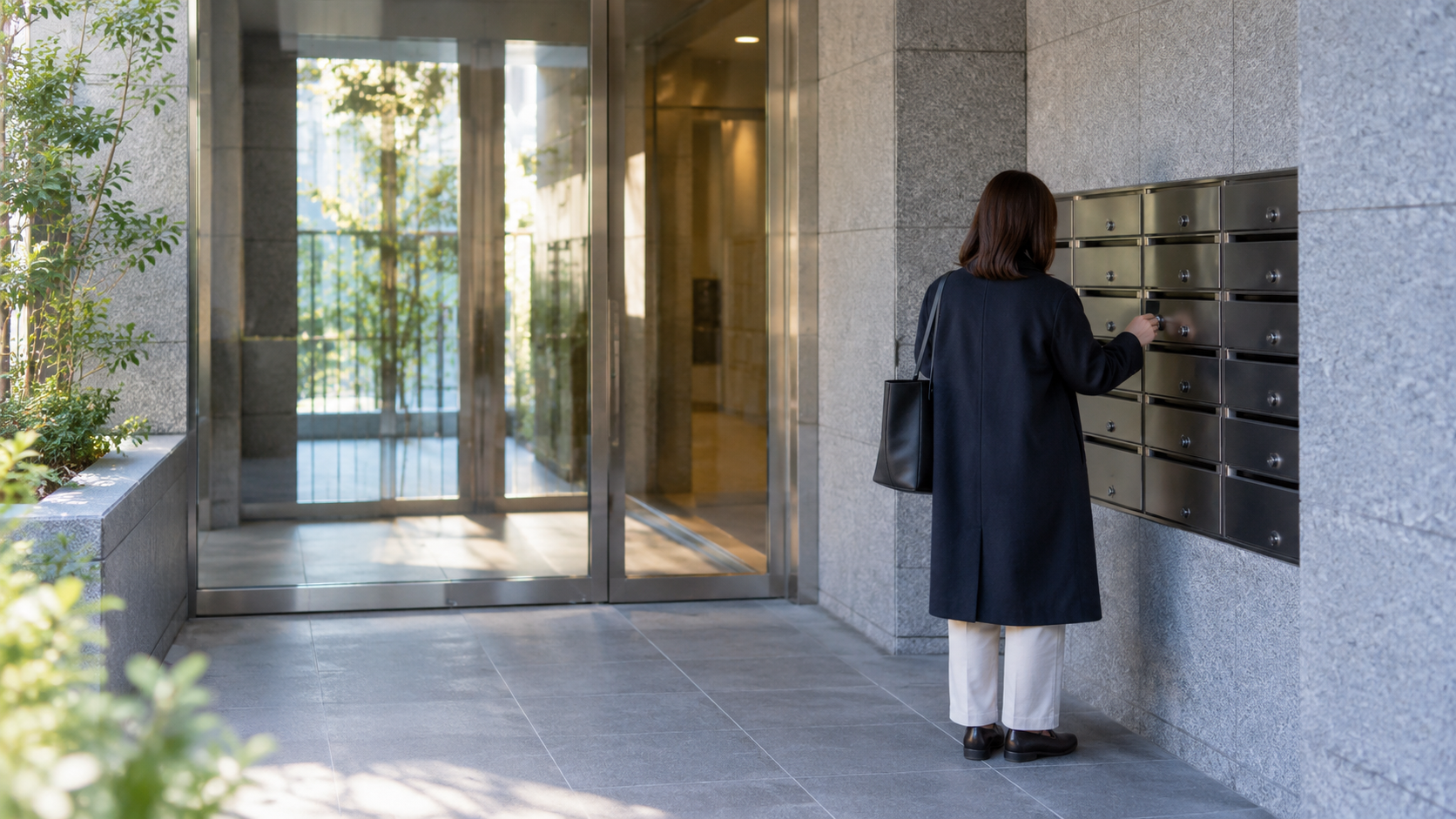 An adult seen from behind checks an unbranded apartment mailbox in a quiet modern entry.