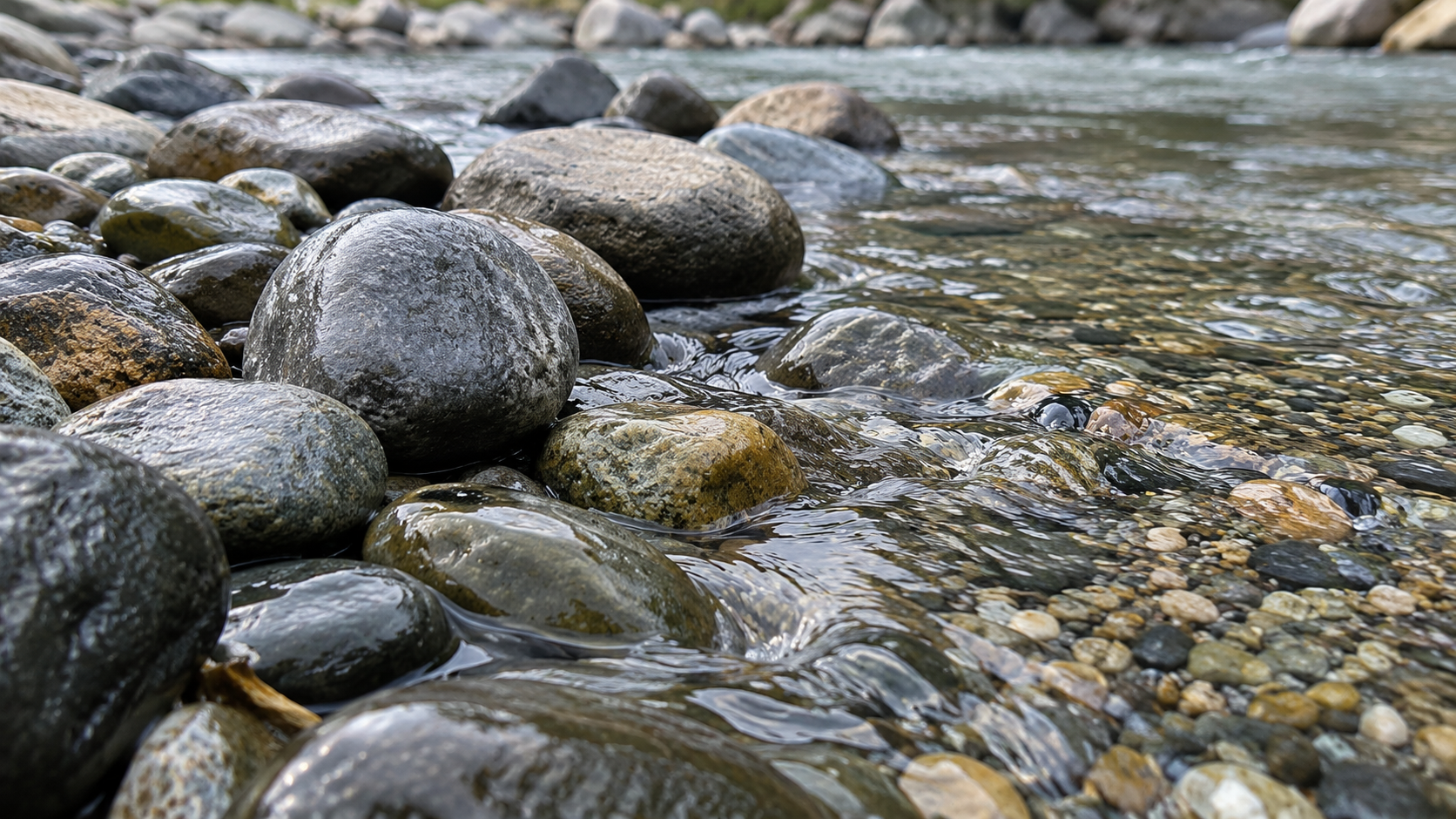 Smooth river stones separated by clear flowing water