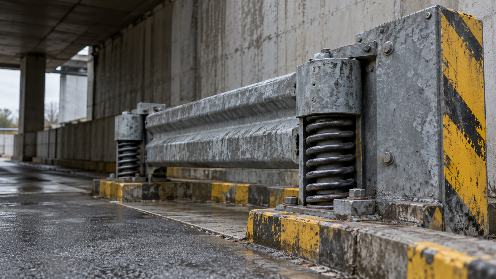 Weathered steel road barrier with paired spring buffers in a concrete underpass
