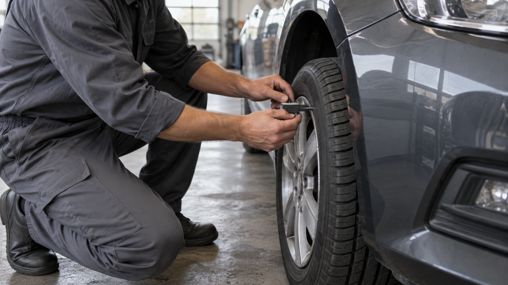 A technician checks the tire of an unbranded compact car in a quiet maintenance bay.