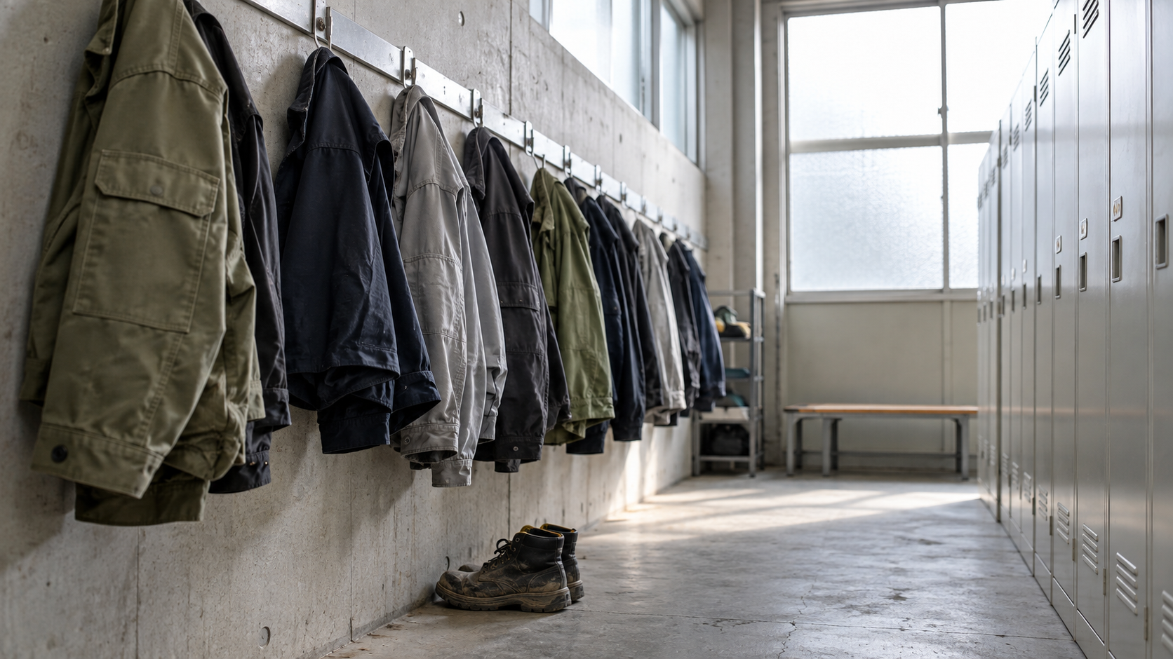 Unbranded work jackets and safety boots in a quiet industrial changing area