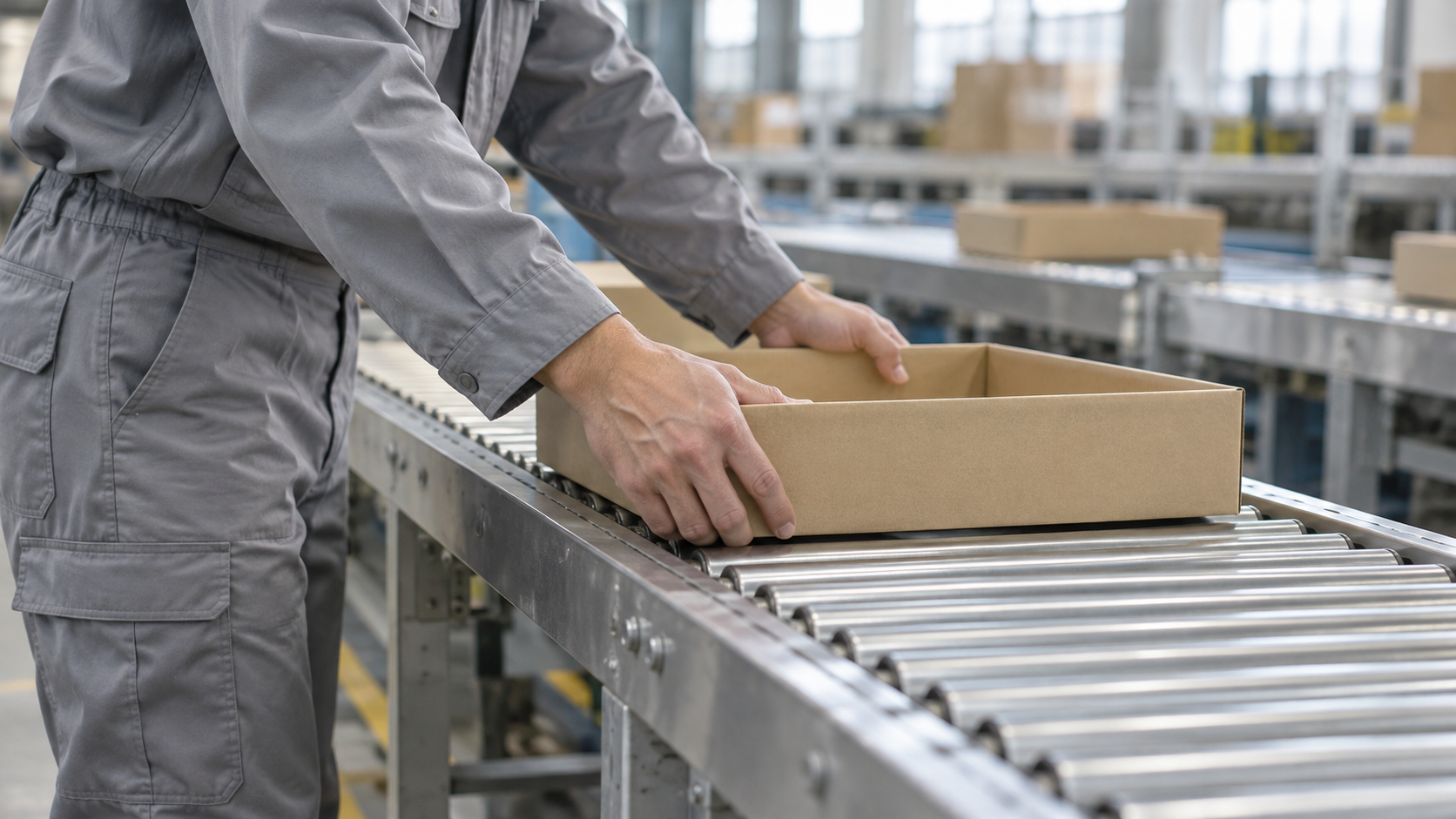A worker guides an unmarked kraft tray onto a stainless roller conveyor in a generic sorting hall.