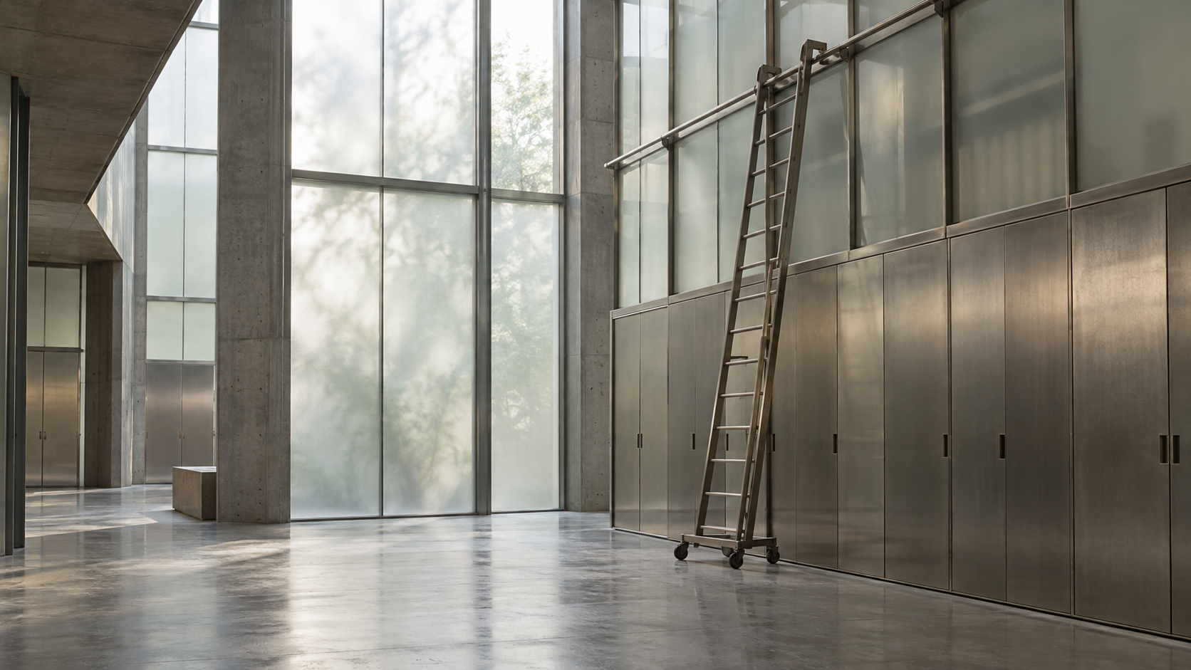 An empty archive atrium with frosted glass, a rolling ladder and blank metal storage doors.