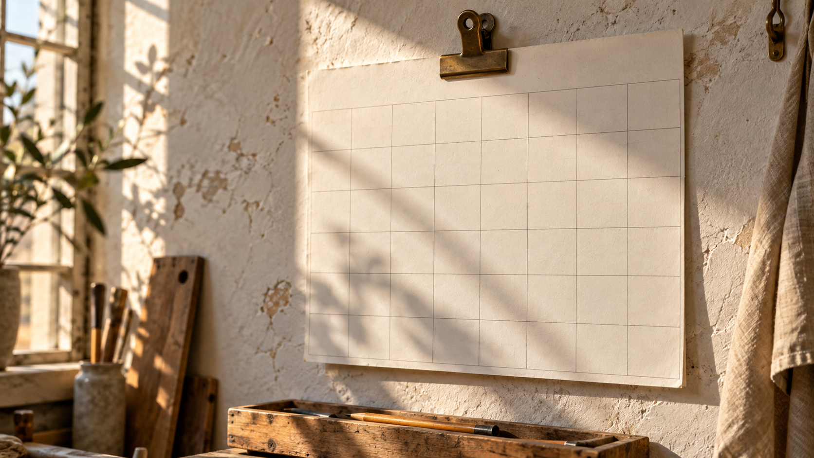 A blank grid calendar hangs from a brass clip on a sunlit workshop wall.