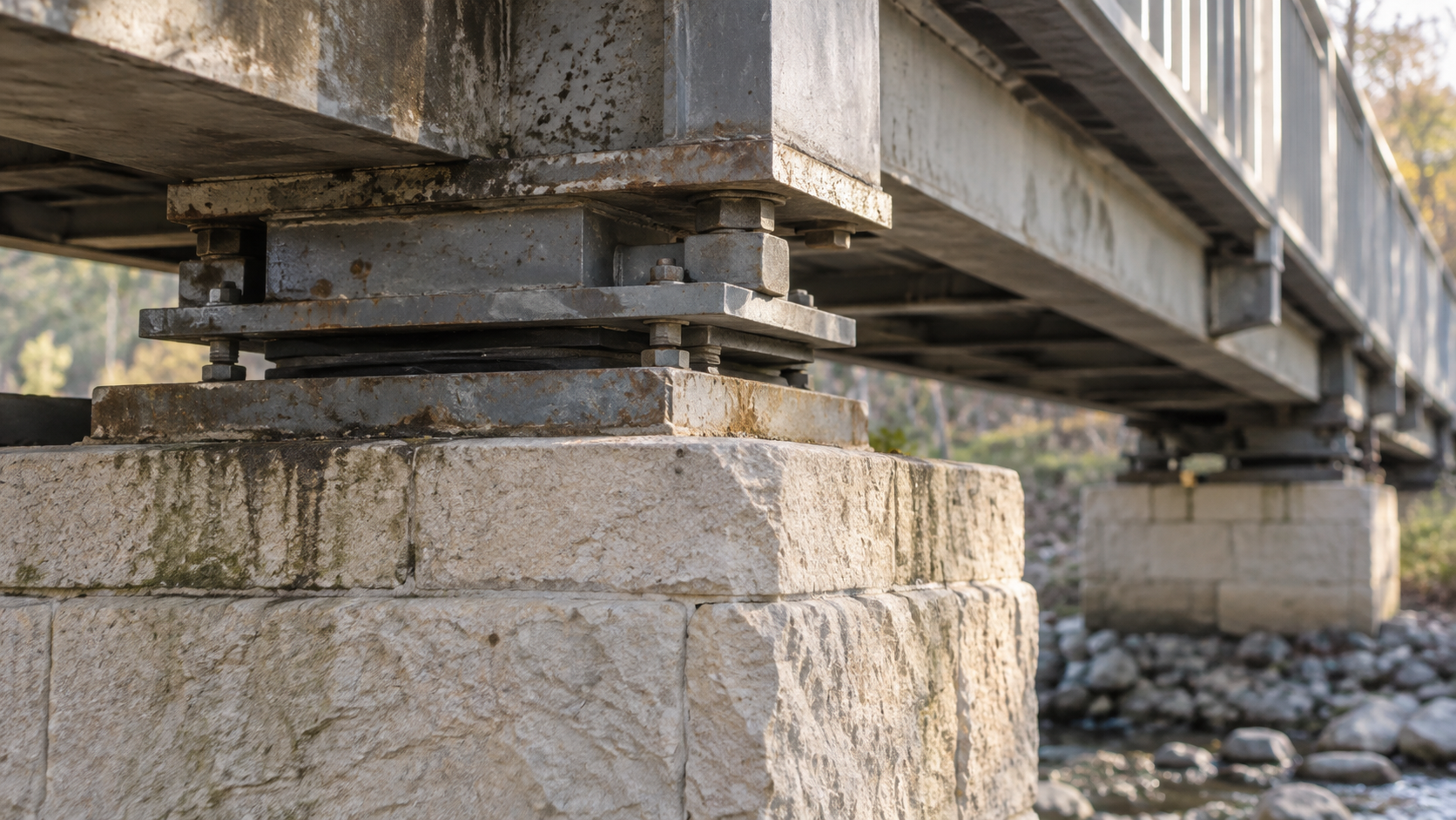 A weathered steel bridge bearing rests on a pale stone support above a shallow channel.