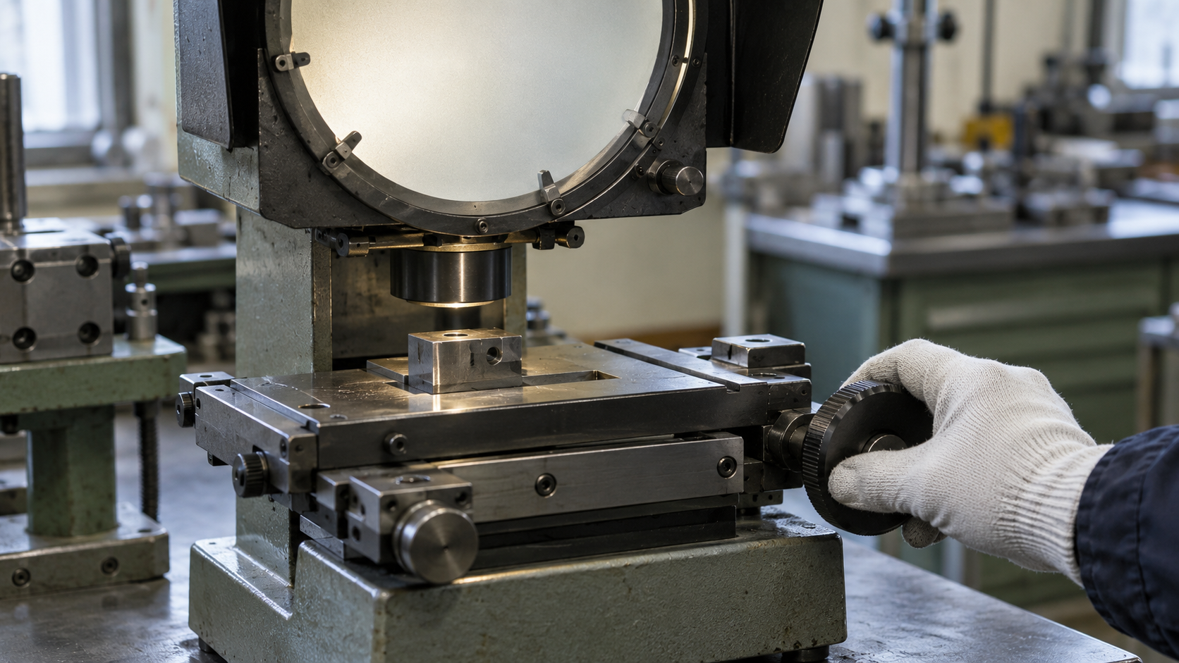 A gloved hand turns an unmarked black calibration wheel on a generic optical comparator in a workshop.