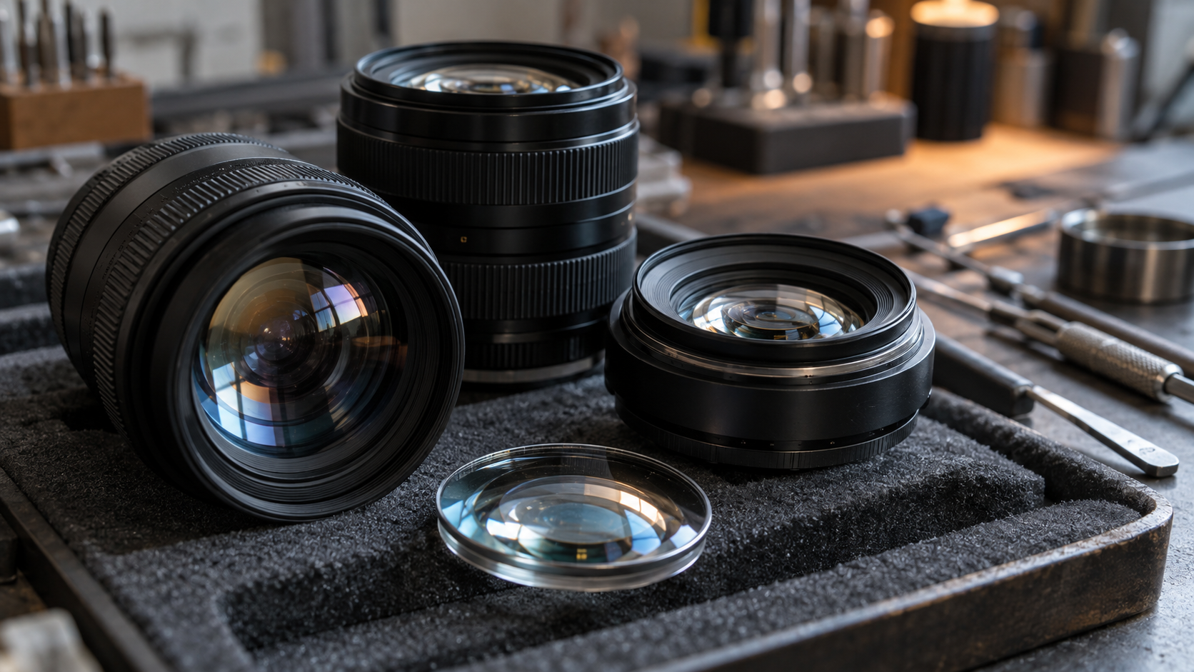 Unbranded camera lenses and a loose optical element rest on a dark foam tray in a workshop.
