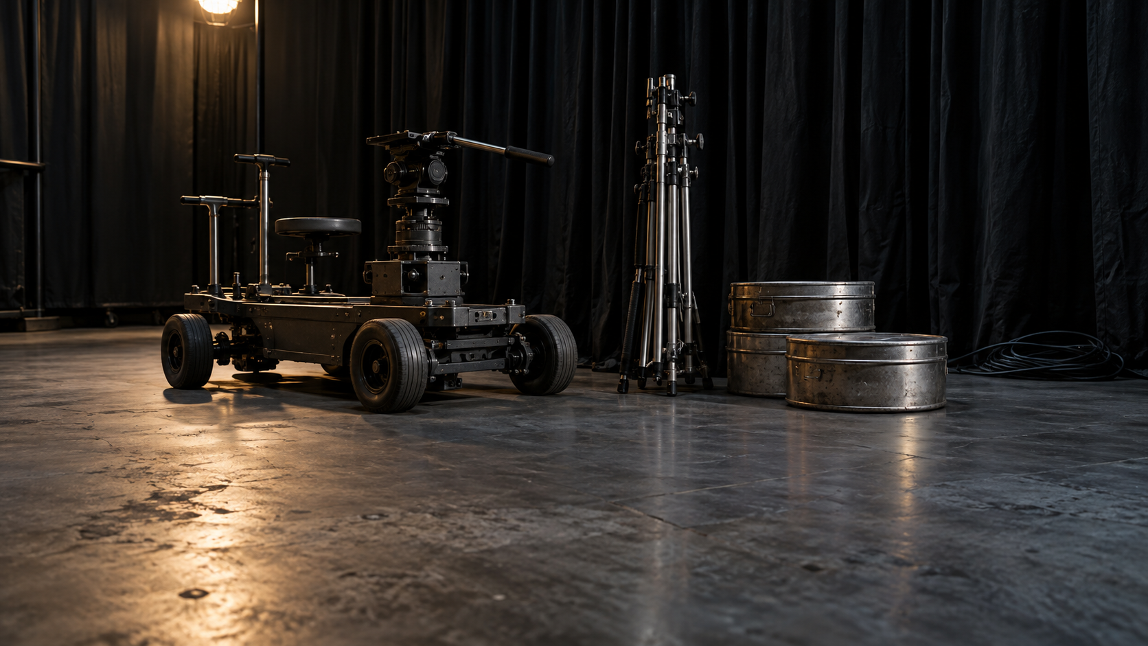Unbranded cinema camera dolly, tripod and metal storage cans in a quiet soundstage