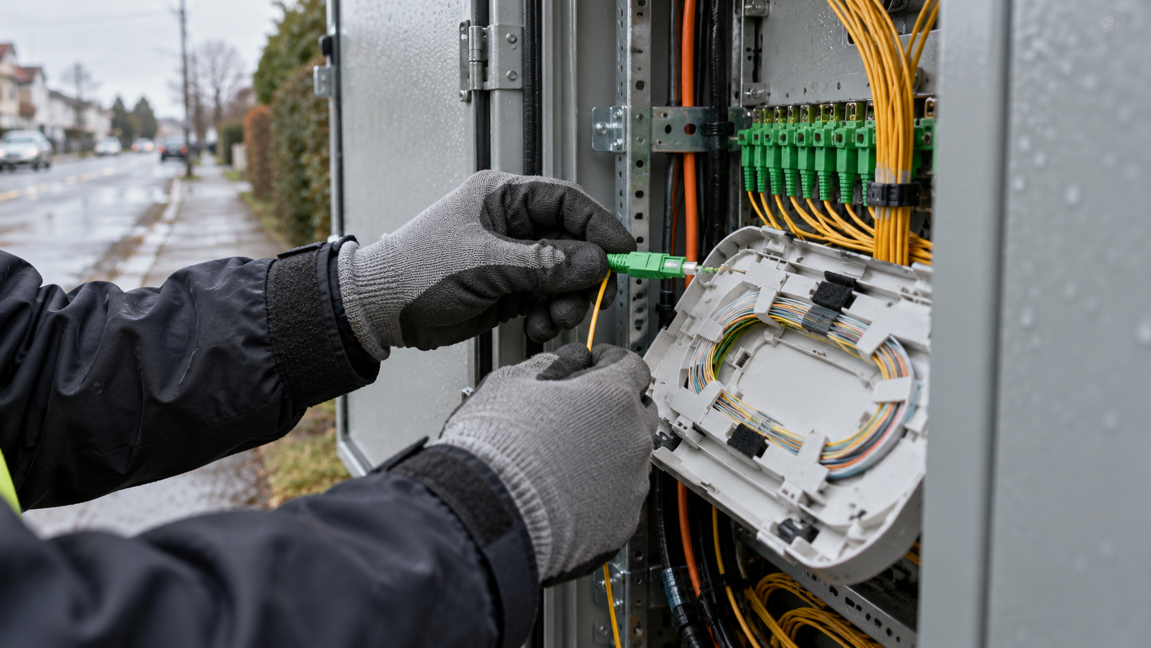 Gloved hands connect an optical-fiber connector inside an unbranded roadside cabinet.