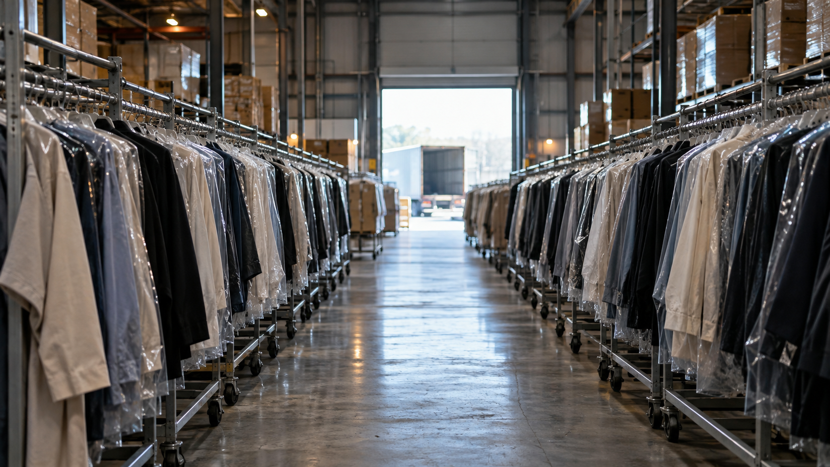 Parallel racks of unbranded garments in a quiet distribution center.